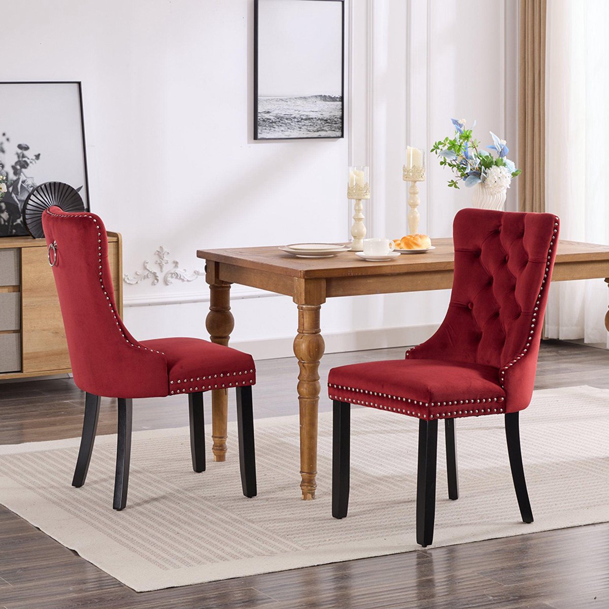 KOMHTOM BLACKCOLORS Klassieke eetkamerstoelen van fluweel, moderne eetkamerstoel van hoogwaardig fluweel met gestoffeerde rugleuning, houten poten en spijkerstof, set van 2, bordeauxrood, wijnrood, DE2001WR