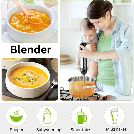 Staafmixer Set - Hakmolen - Groentesnijder - Soepmaker - Zwart en zilver van Emerio — afbeelding 4