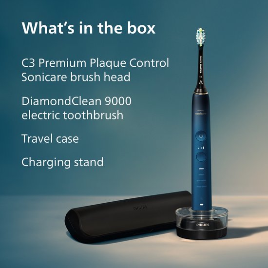 Inhoud van de doos: Philips Sonicare DiamondClean 9000, opzetborstel, reisetui en oplader.