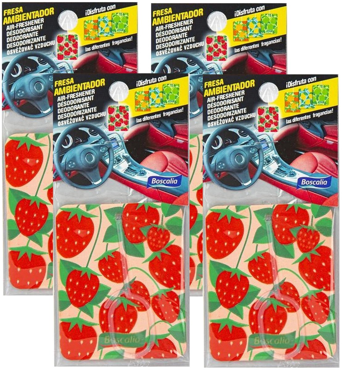Amahogar Auto parfum/luchtverfrisser - 4x - Aardbei geur - in handig zakje - 7 x 16 cm