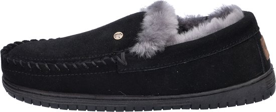 Zwarte pantoffel met grijze bontvoering, stiksels en een gouden knoop.
