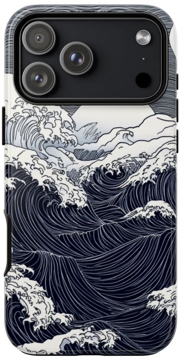 Monochrome Oceaangolven met Maan – Telefoonhoesje Geschikt voor iPhone 17 Pro Max