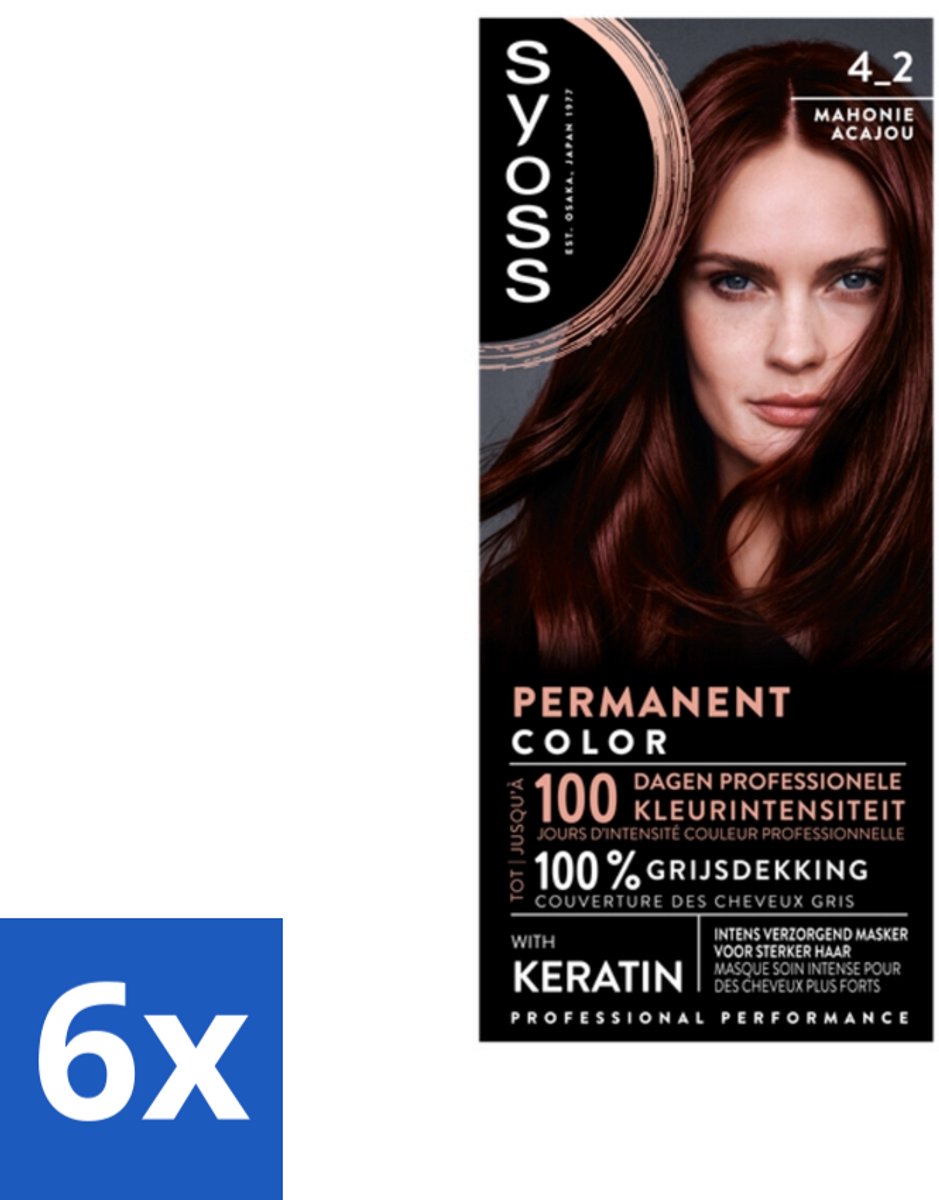 6 x SYOSS - Coloration 4-2 Mahonie - Haarverf - Grijsdekking - Vermindert Haarbreuk - Permanente Haarkleuring - Haarkleur - Grijsdekking - Professionele Kleur - Keratine