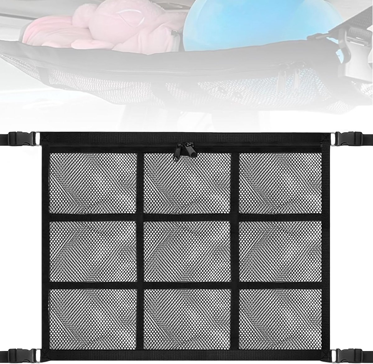 Image of 80 x 55cm Car Ceiling Cargo Net - Met Twee Zipper Pockets - Verstelbare Zwarte Dak Mesh Bag - Dubbele Laag Opslag Organizer Voor Van Truck SUV Reis-Dubbele laag