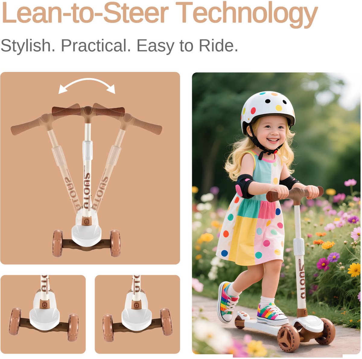 Suotu Kinderstep - Step - 3 Lichtgevende Wielen - EXTRA BREEDE WIELEN - Step 3+ Jaar tot 50kg - Speelgoed Jongens/Meisjes - Bruin — afbeelding 9