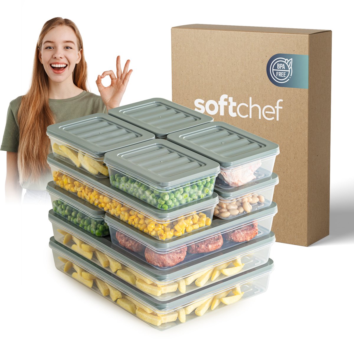 Soft Chef Fresh Box 10 delige voedselbewaarset (4x600 ml 2x1170 ml 2x1200 ml 2x2400 ml) BPA-vrij luchtdicht lekvrij magnetron vaatwasser en vriezerbestendig