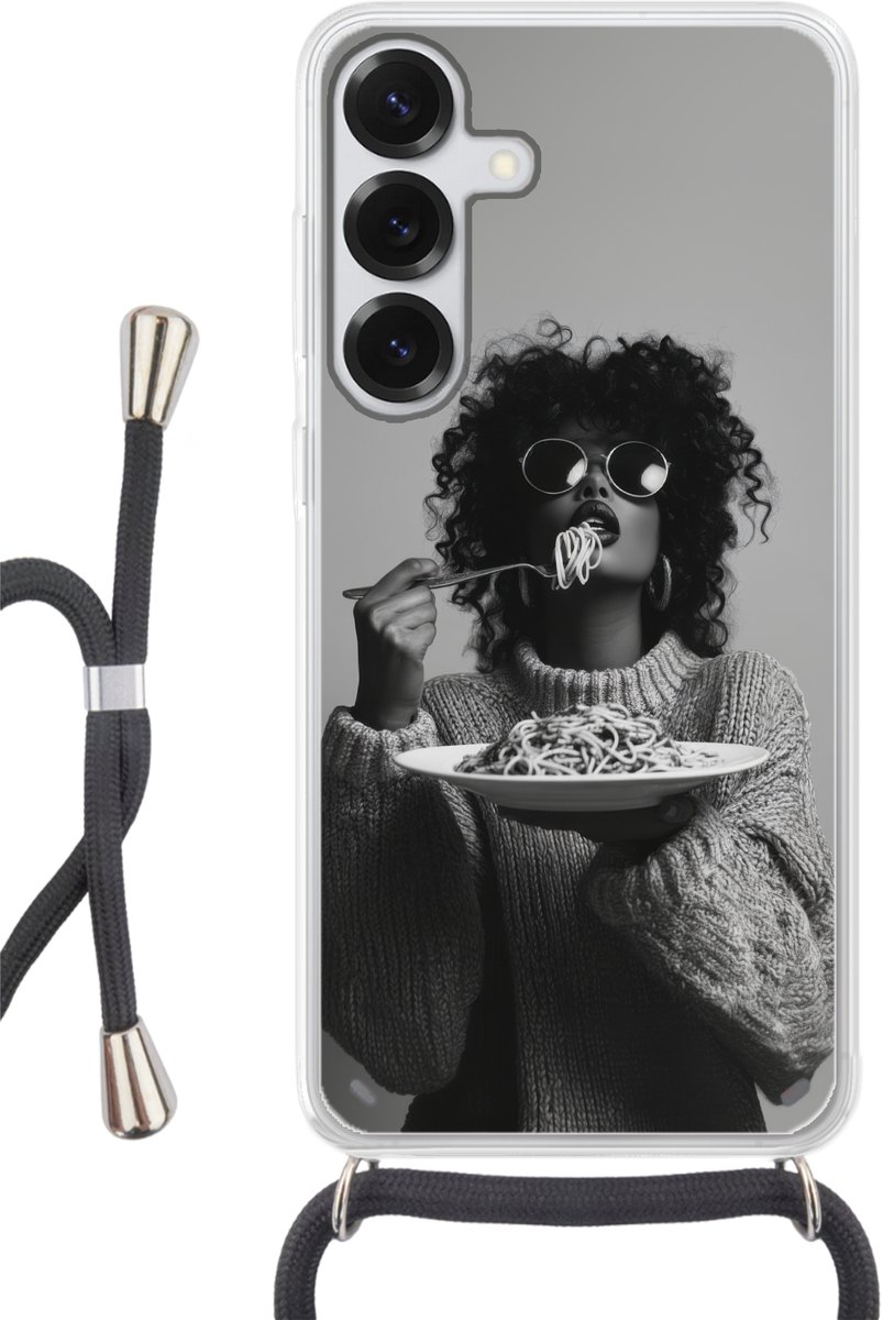 Telefoonhoesje Geschikt voor Samsung Galaxy S25 - Vrouw - Pasta - Zwart - Wit - Siliconen - Crossbody - Backcover met Koord - Telefoonhoesje met koord - Hoesje met touw Telefoonhoesje