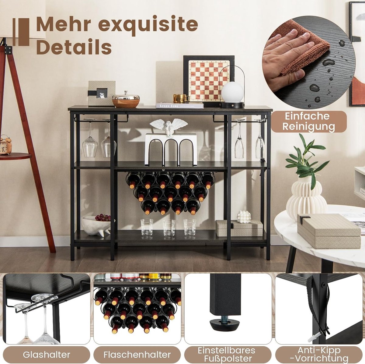 COSTWAY Wijnrek met glazen houder en planken, 3 niveaus, flessenrek met stopcontacten, voor 15 wijnflessen, industriële en vrijstaande wijnkast voor thuis, keuken, bar, 113 x 35 x 85 cm (grijs) — cadeau in Cadeau-ideeën - foto 3