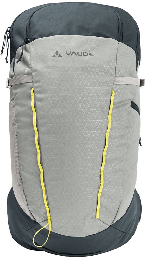 Grijze en donkergrijze rugzak met gele accenten en een geometrisch patroon.