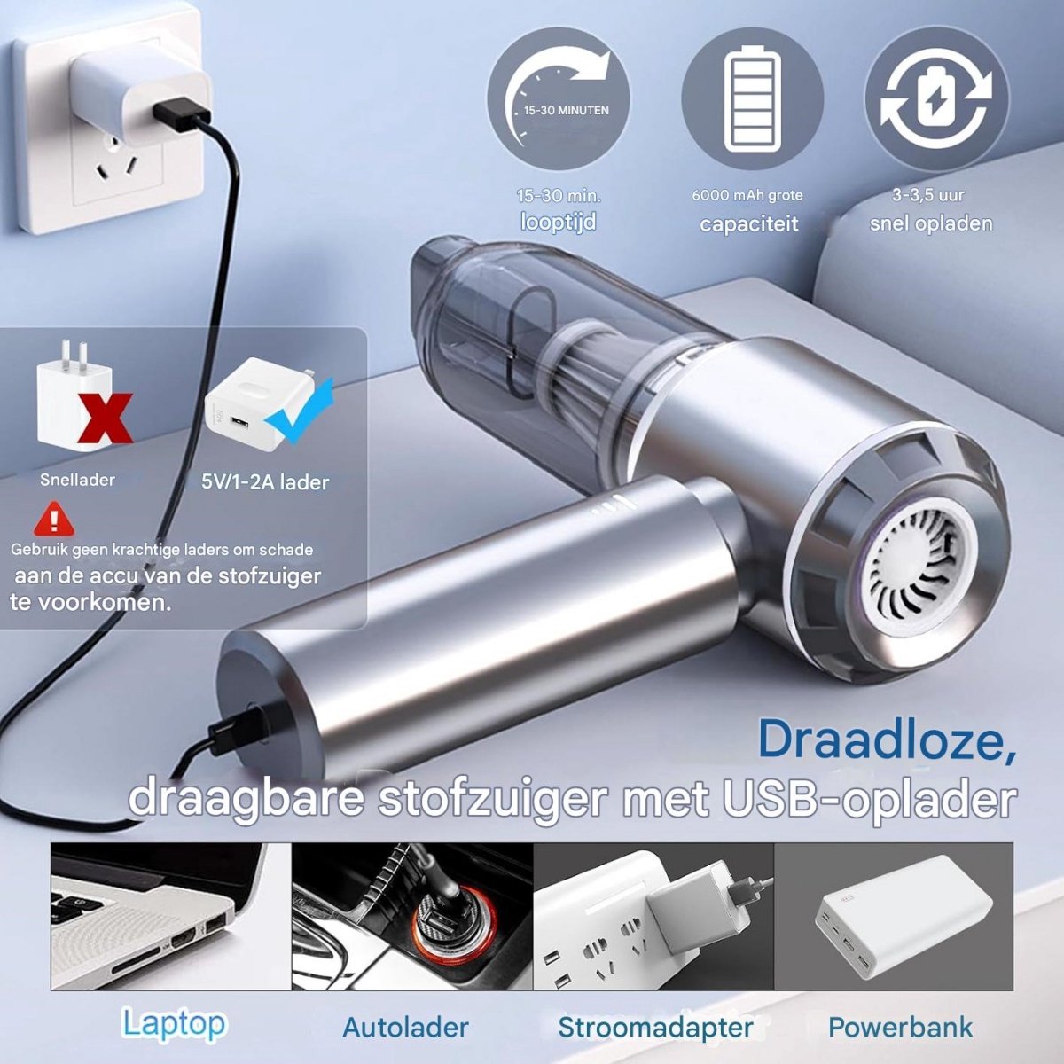 TOVBMUP Handheld - Stofzuiger - Auto-oplaadbare stofzuiger - afbeelding 3