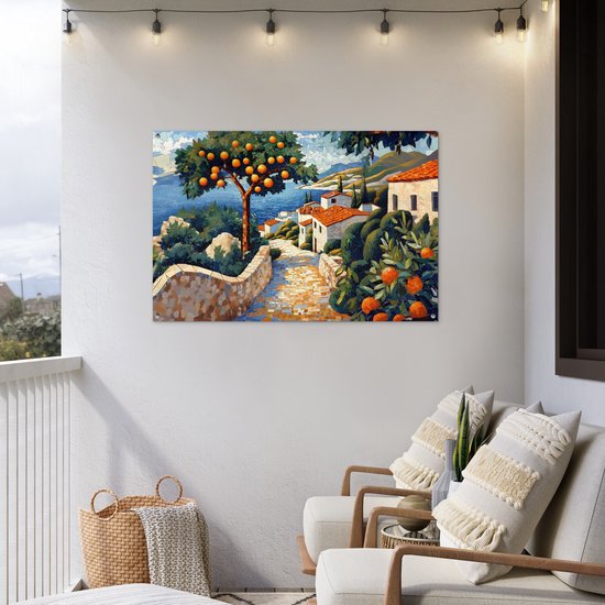 Affiche de jardin 120x80 cm - Décoration de jardin Maisons - Mosaïque - Orangers - Mer - Affiche pour le jardin - Décoration extérieure - Tableau de jardin clôture - Décoration murale en tissu de jardin - Décoration murale en tissu de balcon