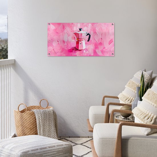 Tuinposter 80x40 cm - Tuindecoratie Roze - Verf - Coffee - Poster voor in de tuin - Buiten decoratie - Schutting tuinschilderij - Tuindoek muurdecoratie - Wanddecoratie balkondoek