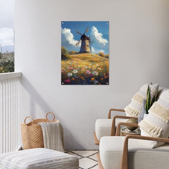 Tuinposter 60x80 cm - Tuindecoratie Windmolen - Heuvel - Bloemen - Kleurrijk - Poster voor in de tuin - Buiten decoratie - Schutting tuinschilderij - Tuindoek muurdecoratie - Wanddecoratie balkondoek