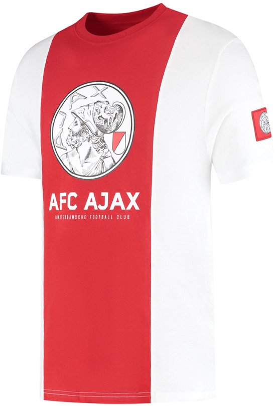 Wit Ajax shirt met rode verticale baan op de voorkant, met de tekst 'AFC AJAX AMSTERDAMSCHE FOOTBALL CLUB'.