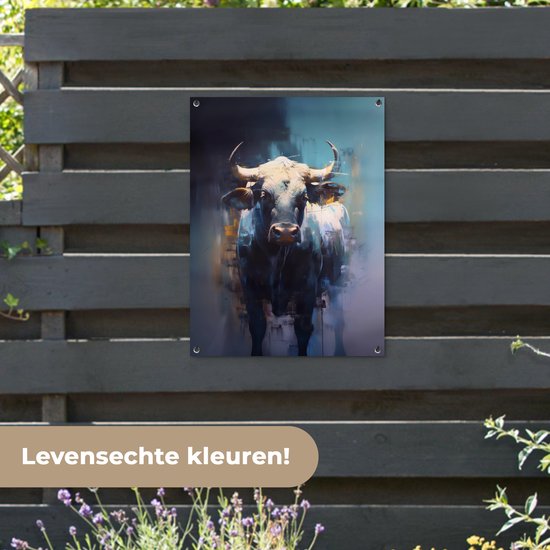 Tuinposter 60x80 cm - Tuindecoratie Stier - Zwart - Abstract - Horens - Poster voor in de tuin - Buiten decoratie - Schutting tuinschilderij - Tuindoek muurdecoratie - Wanddecoratie balkondoek