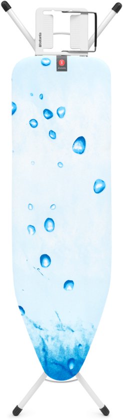 Strijkplank met waterdruppelprint en wit metalen frame.