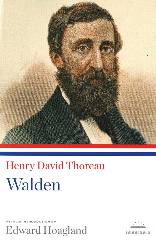 Couverture de livre avec un portrait de Henry David Thoreau, intitulé "Walden".