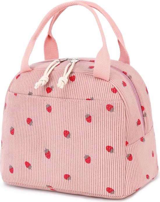 Geïsoleerde Lunchtas met Aardbeienpatroon - Roze Corduroy Koeltas voor Werk, School en Picknicks