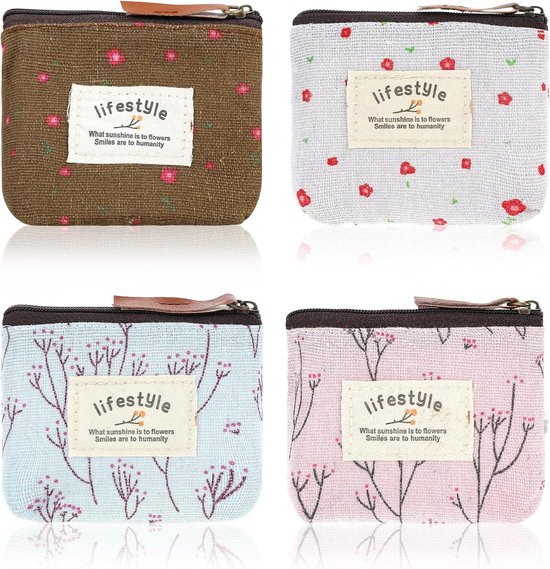 Mini trousse de maquillage 4 pièces - Trousse à fleurs en lin - Petite trousse à cosmétiques - Fermeture éclair - Organiseur de toilette portable - Joli organiseur de sac à main - Trousse de maquillage en Tissus - Pour filles et femmes