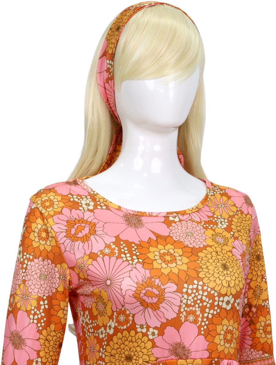 Joya Party® Hippie Verkleedjurk Dames Oranje Roze | Jaren Flower Power Kostuum | Inclusief Haarband | Verkleedkleding Bloemen Volwassenen | Stretch Stof | Carnaval / Themafeest | — afbeelding 7