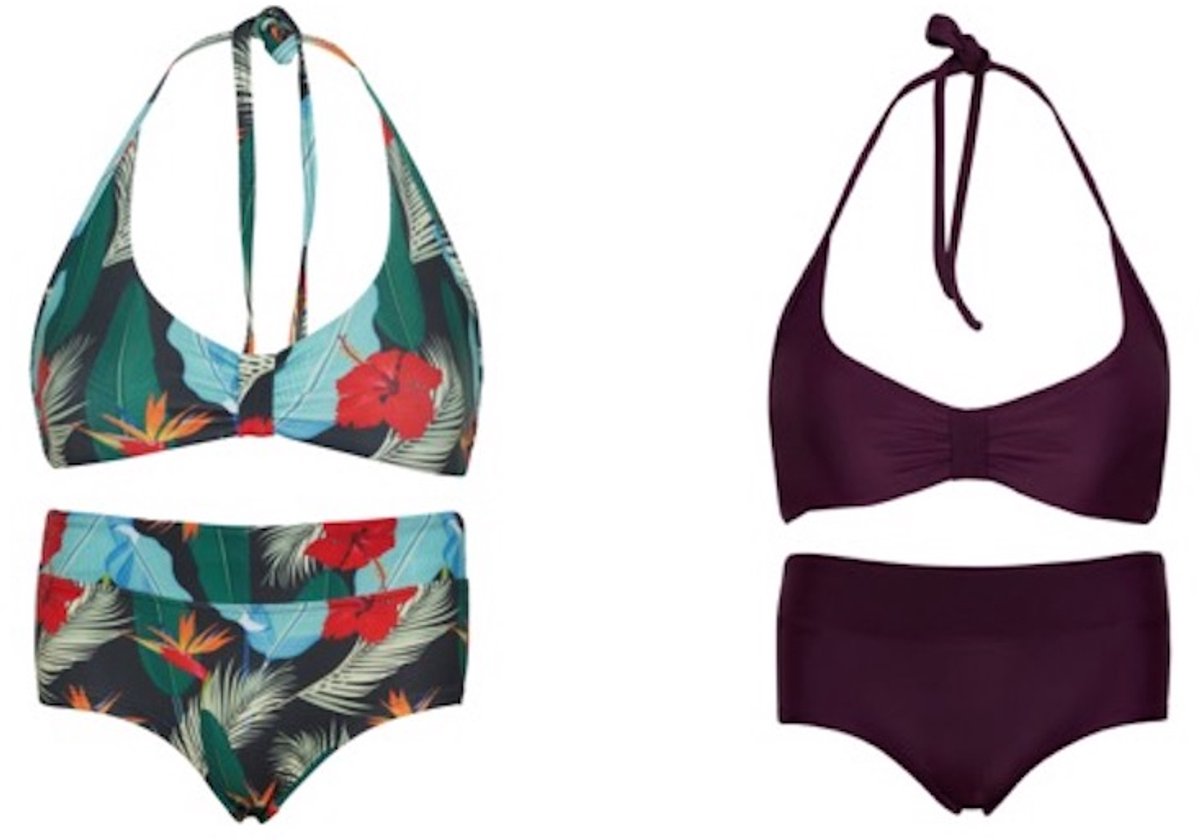 Set van 2 bikini hipster broekje en haltertopje ibiza bloemen/ Aubergine 170-176