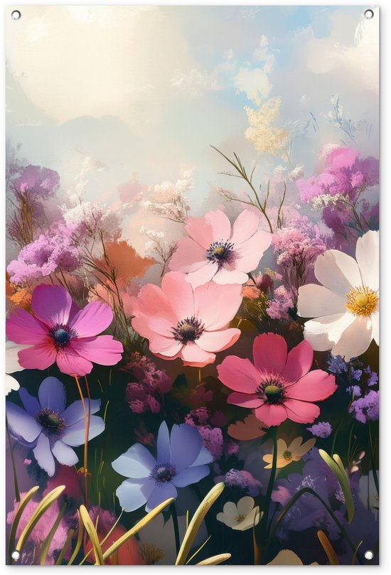 Tuinposter 80x120 cm - Tuindecoratie Bloemen - Kleurrijk - Bloei - Poster voor in de tuin - Buiten decoratie - Schutting tuinschilderij - Tuindoek muurdecoratie - Wanddecoratie balkondoek