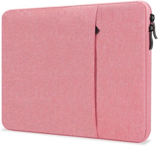 Housse d'ordinateur portable rose pâle avec fermeture éclair et une poche avant discrète.