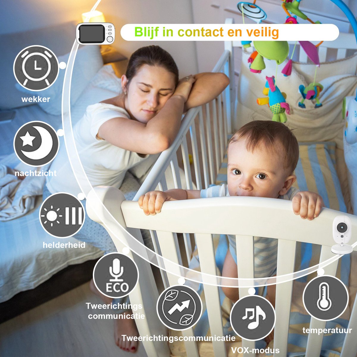 Lumehelbed Videobabyfoon met Camera 3,5" LCD Scherm - afbeelding 3