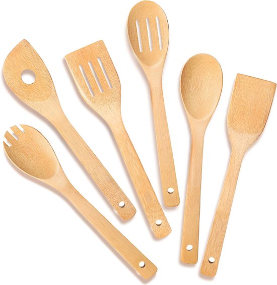 Gsedaox - Spatules - Ustensiles de cuisine en bois - Set de spatules antiadhésives - Ustensiles de cuisine 6 pièces - Cuillère - Écumoire