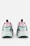Achterkant van twee Skechers S2K sneakers in zilver, roze en mintgroen met dikke zolen.