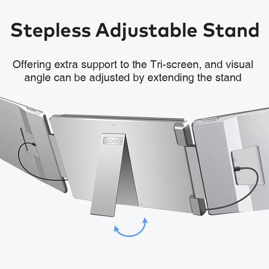 Achterkant van de uitklapbare monitor met verstelbare standaard. 'Stepless Adjustable Stand'.