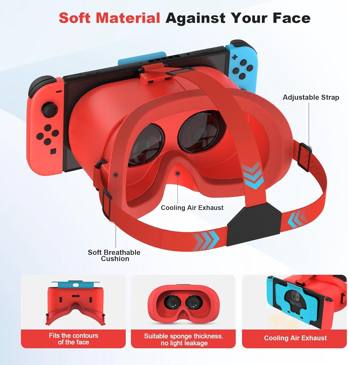 Geschikt voorVR-headset Nintendo Switch en OLED-modellen, virtual reality VR-bril met verstelbare HD-lenzen, comfortabele hoofdband, Geschikt voorVR-gaming 3D-bril Nintendo Switch OLED, geschikt voor kinderen jongens-Rood