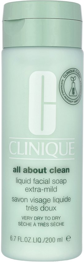 Lichtgroene fles met Clinique logo. "all about clean" liquid facial soap extra-mild.