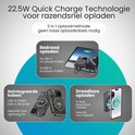 Zwarte powerbank met 22.5W snellaadtechnologie: bedraad opladen met USB-C/A, geïntegreerde kabels en draadloos opladen.