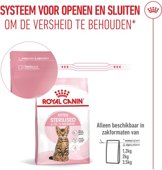 Een zak Royal Canin Kitten Sterilised 6 tot 12 maanden met een kitten erop. Een inzet toont het "easyopen & zipsystem".