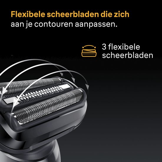 Close-up van de 3 flexibele scheerbladen van een Braun scheerapparaat, die zich aan contouren aanpassen.