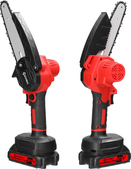 21V Mini Kettingzaag 6 inch – Handzame Accu Kettingzaag met 2 Batterijen & Lader – Draadloze Elektrische Takkenzaag voor Hout, Tuin & Bos – Veiligheidsslot – Rood — afbeelding 2
