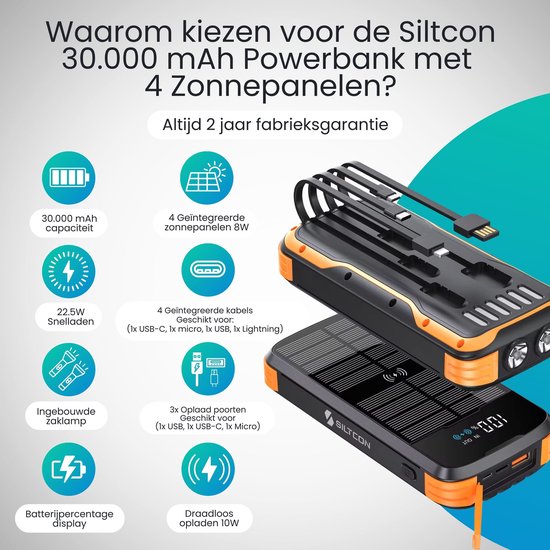 Siltcon® Solar Powerbank Extreme - Powerbank à énergie solaire - Powerbank 30 000 mAh - Pack d'urgence - Chargeur rapide 22,5 W - Voyant LED - Lampe de poche - Compatible iOS/Android - USB-A/USB-C - 4 câbles intégrés - 4 panneaux 8 W