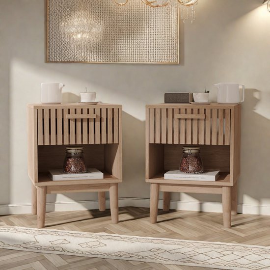 2x Nachtkastje 40x35x55 cm | Met Lade & Open Vakken | Boxspring Bedside | Ruimtebesparend Voor Slaapkamer & Woonkamer