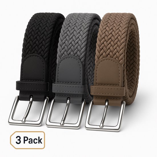 3 pack deal - XXL extra lang 130 cm - Elastische riem - gevlochten broekriem - dames en heren riemen - kleur 1 Zwart 2 Grijs 3 Kaki 130 cm -