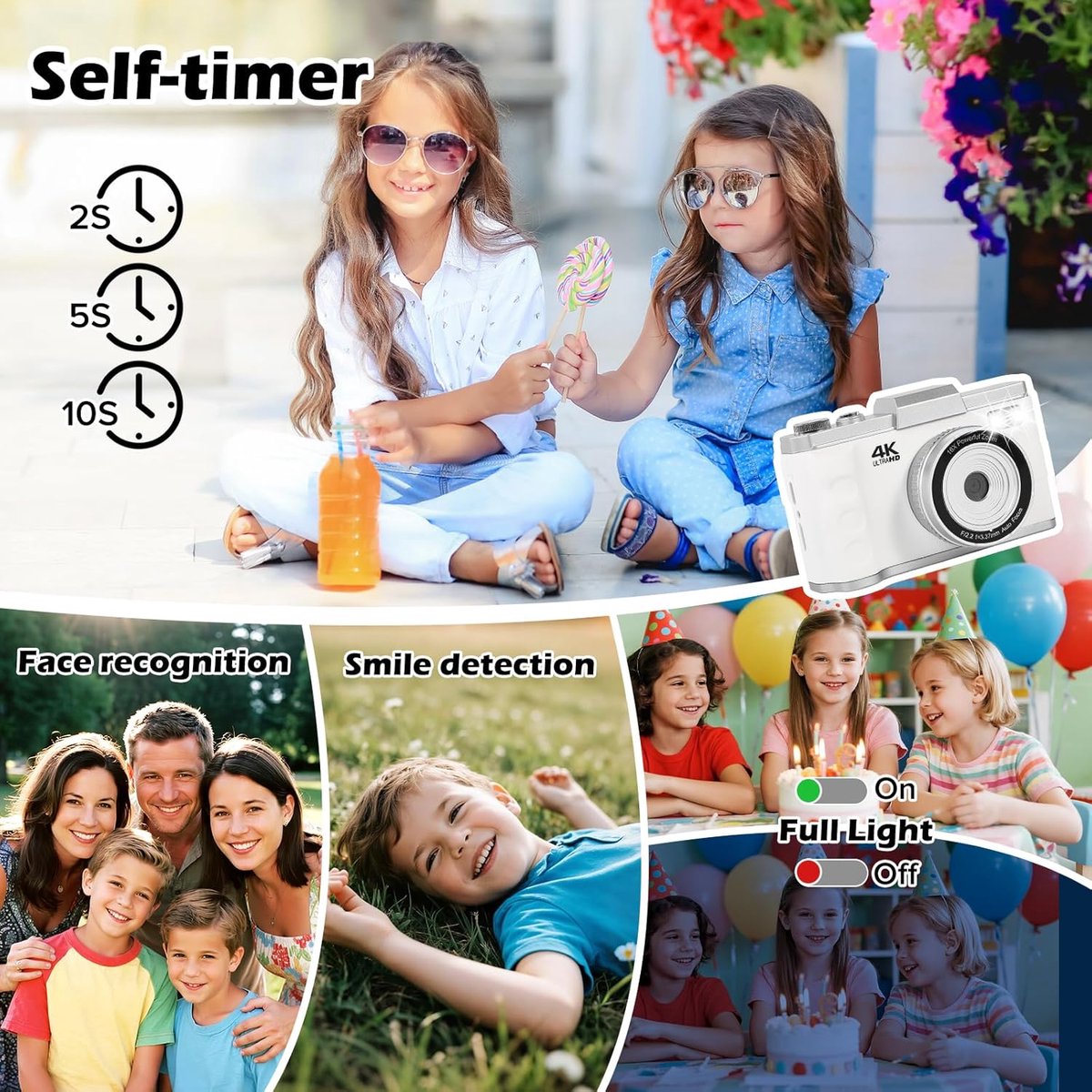 Digitale camera - Autofocus 4K Vlogging-camera met SD-kaart, 64MP draagbare compacte point-and-shoot digitale camera voor tieners en volwassenen met 16x zoom, anti-shake, 2 batterijen (wit) thumbnail 2