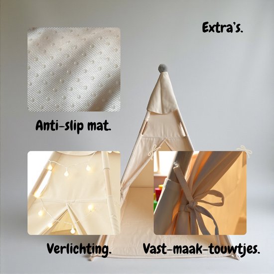 ToyStreet Tipi Tent Kinderen - Eenvoudig Opzetten - Speeltent - incl. Anti-Slip Mat & Verlichting - Crème — afbeelding 5