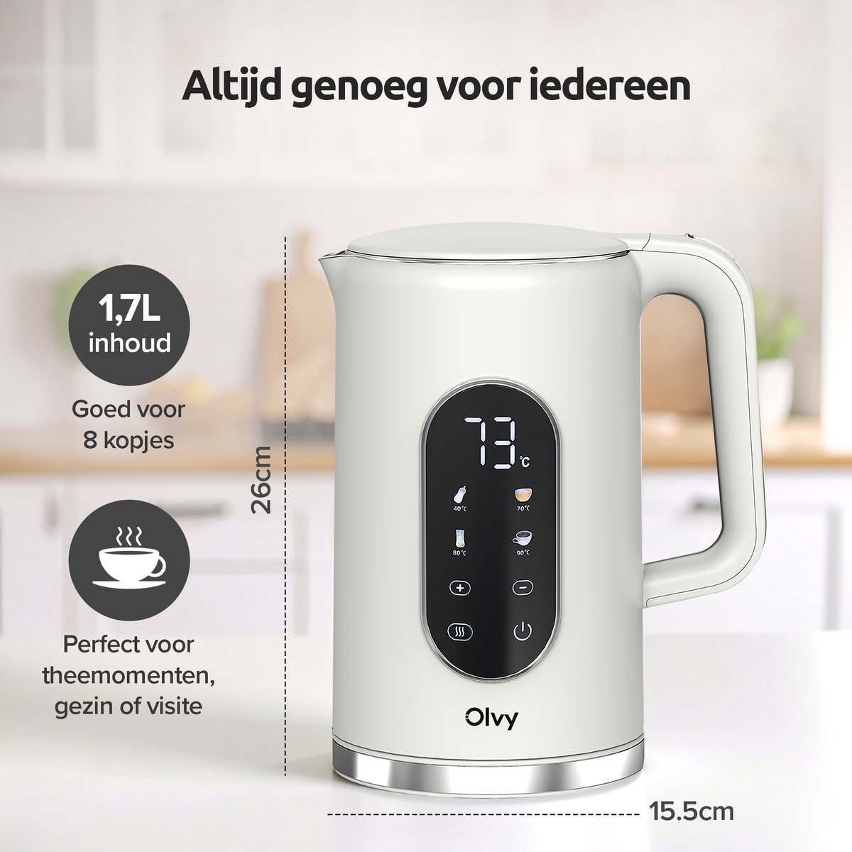 Olvy Waterkoker met Temperatuurregeling - Crème - Warmhoudfunctie - RVS - Dubbelwandig - Elektrisch - 1.7 Liter - 2200W — afbeelding 5