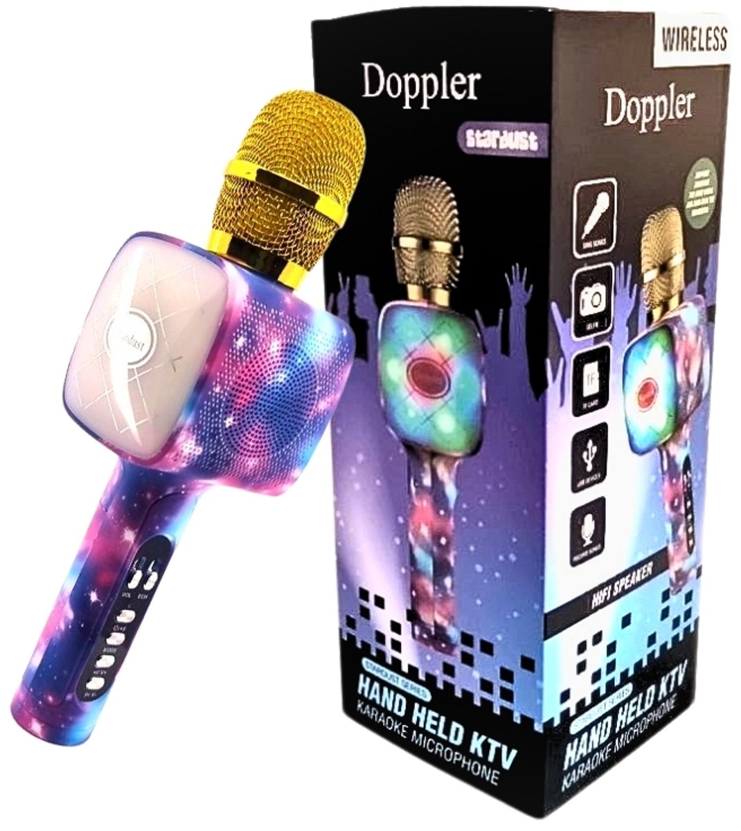 Doppler Stardust Karaoke Microfoon – Bluetooth & Bedraad – Stemvervorming, Opnamefunctie & RGB Verlichting – 5W Speaker