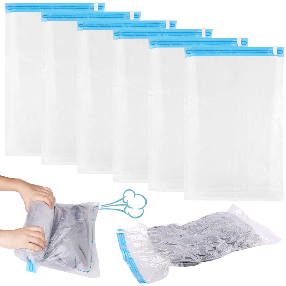 Ynkkvre - Vacuumzakken Kleding – 60 x 40 cm Herbruikbare Reisset Compressiezakken – Reis Vacuum Opbergzakken voor Kleding, Dekens en Beddengoed – Zonder Stofzuiger – Set van 6