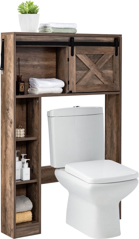 COSTWAY Toiletkast met Schuifdeur, Toiletplank Hout, Badkamerplank