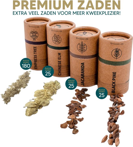 Vier tubes met zaden: Empress Tree (180), Chinese Elm (25), Jacaranda (25), Black Pine (25) en plantmateriaal.