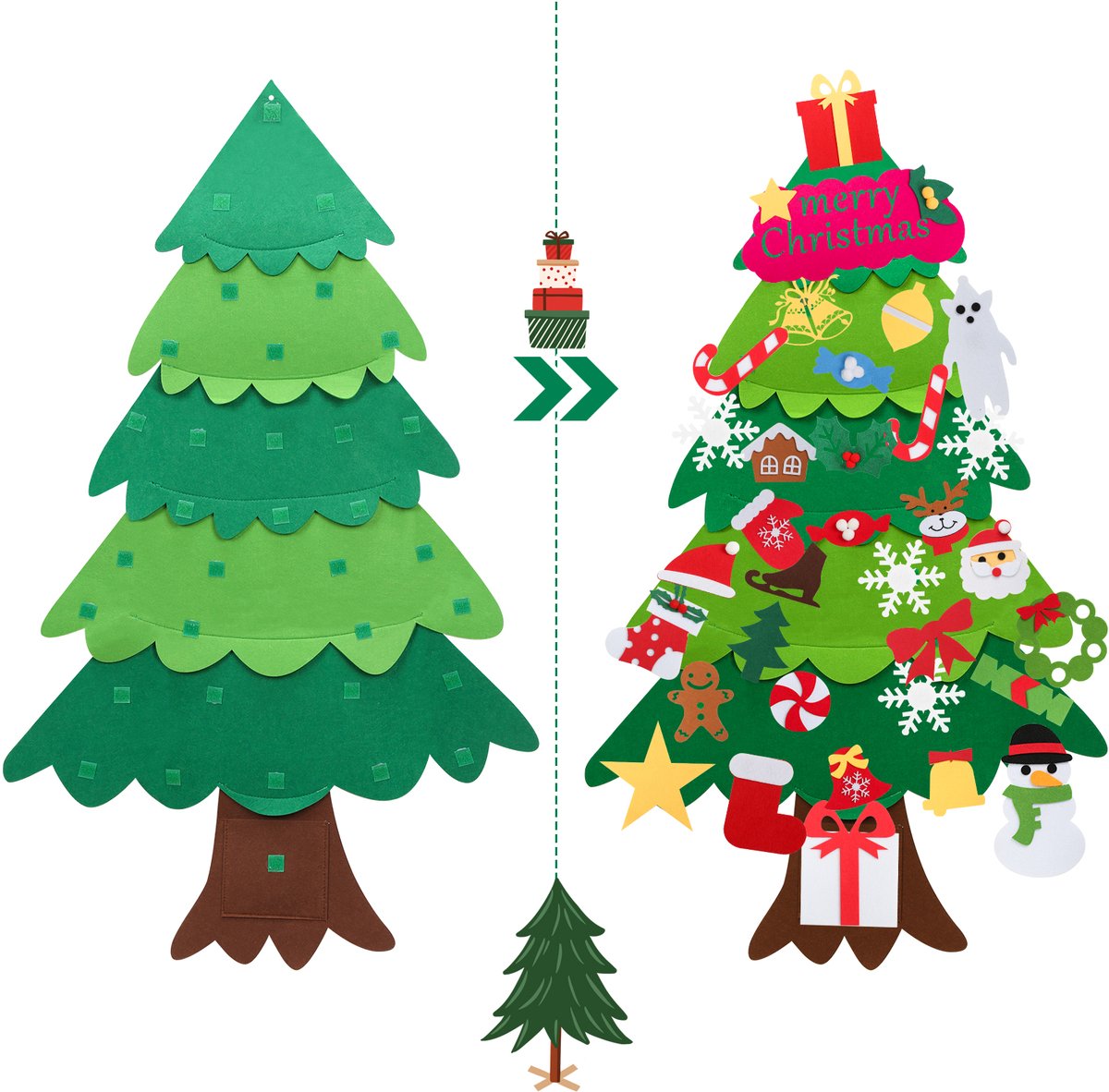 Vilten kerstboom, wandversiering voor de feestdagen, voor op de voordeur, wand, kerstdecoratie, DHZ, vilten kerstboom met 33 stuks afneembare ornamenten, met verlichting – foto 3