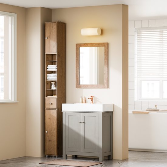 SoBuy Hoge Badkamerkast met Verstelbare Planken, Smalle Opbergkast, Vrijstaand Slank Badkamermeubel, Waterbestendig MDF, voor Badkamer, Woonkamer, Slaapkamer, Wit en Houtkleur, 20x20x180cm, BZR34-WN