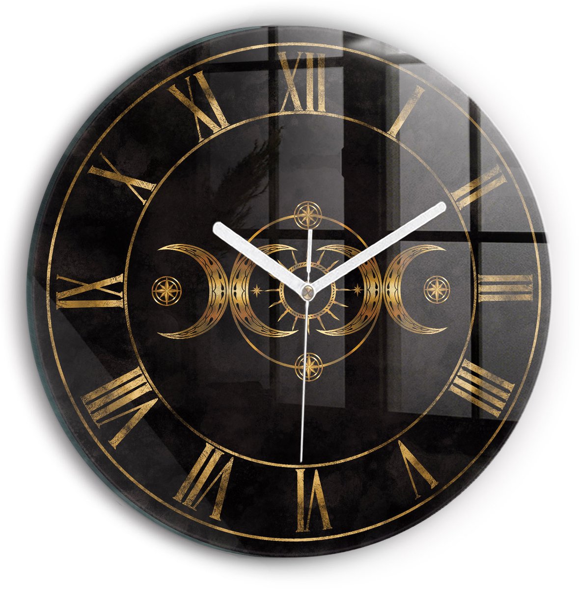 Wallfluent Wandklok - Gouden Romeinse cijfers Stijlvolle Klok - 30 cm x 30 cm - Zwart Wandklok - Witte Handen - Klok zonder getallen - Wandklok voor in de Keuken - Klok met Print - Kunstzinnige Klok - Klok met Afbeelding